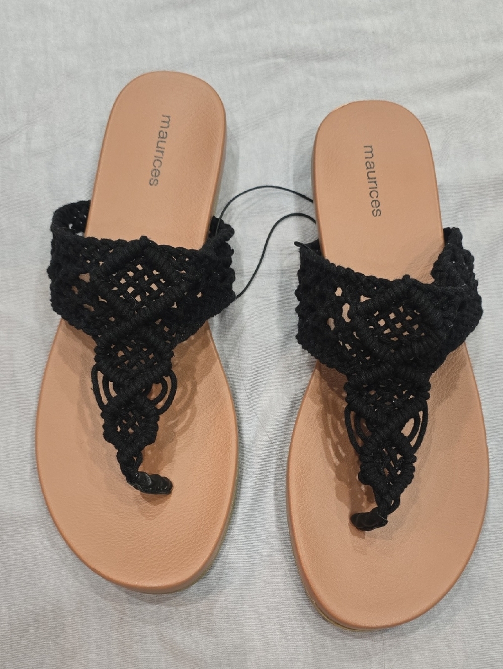 Maurices Black Macramé Toe-Post Sandals with Tan Footbed